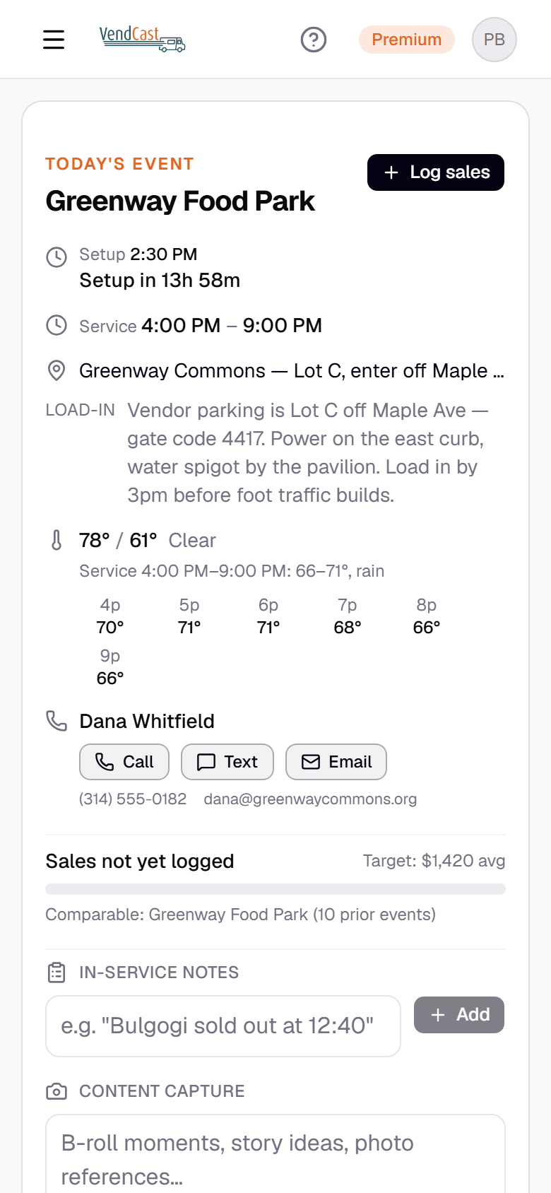 Mobile day-of-event card for Greenway Food Park: setup 2:30pm, service 4–9pm, gate code 4417, hourly weather, organizer contact, and revenue target.